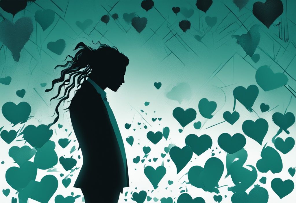 Modern digital painting of a narcissistic character silhouette with teal theme, shattered hearts, and shadow figures symbolizing cheating patterns.