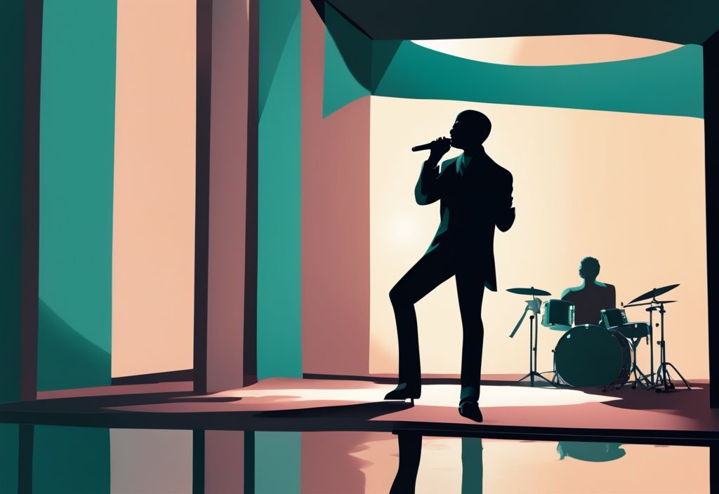 Modern digital painting of a teal-themed silhouette singing on stage with a spotlight revealing a narcissistic reflection in a mirror, illustrating songs about loving a narcissist.