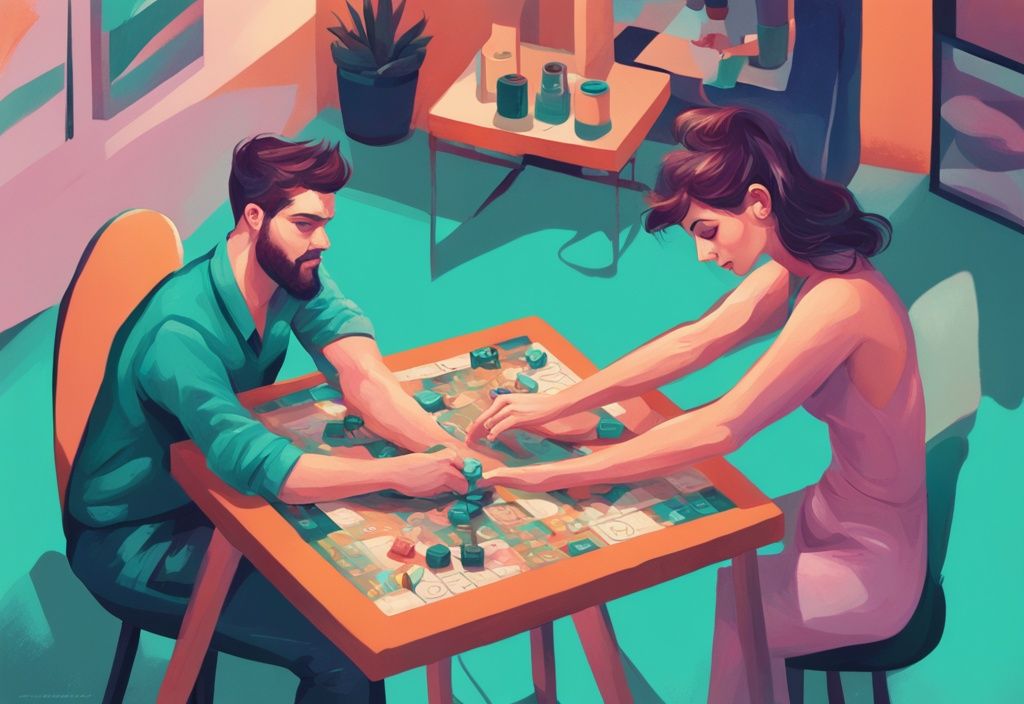 Modern digital painting in teal theme showing a narcissist manipulating a board game and a confused individual, illustrating the theme of 14 signs a narcissist is playing mind games with you.