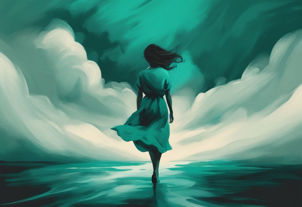 Modern digital painting of a woman walking away from a dark stormy cloud, symbolizing leaving a toxic relationship, with teal color theme and goodbye quotes overlay.