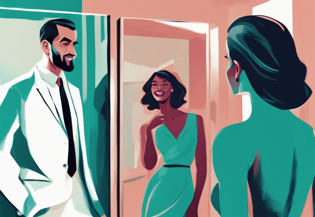 Modern digital painting of a woman peering suspiciously at her smiling husband, who appears as a smug, proud figure in a mirror, exploring the question "is my husband a covert narcissist?