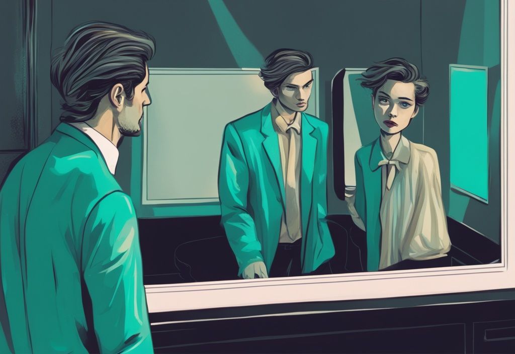 Modern digital painting illustration of a narcissist devalue example, showing a narcissist with a haughty expression in a mirror, ignoring an upset person behind them, with a teal color theme.