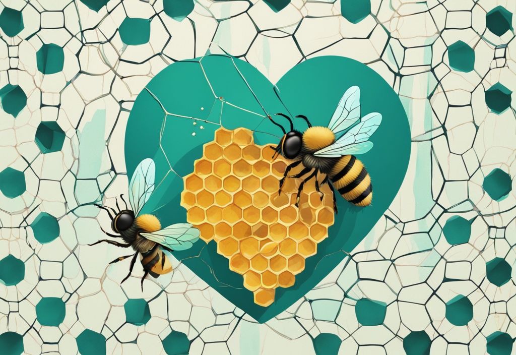 Modern digital painting of a teal heart-shaped beehive split in two, one side with a fly in a spider's web symbolizing a honeytrap, the other with happy bees around honeycombs celebrating the honeymoon phase.