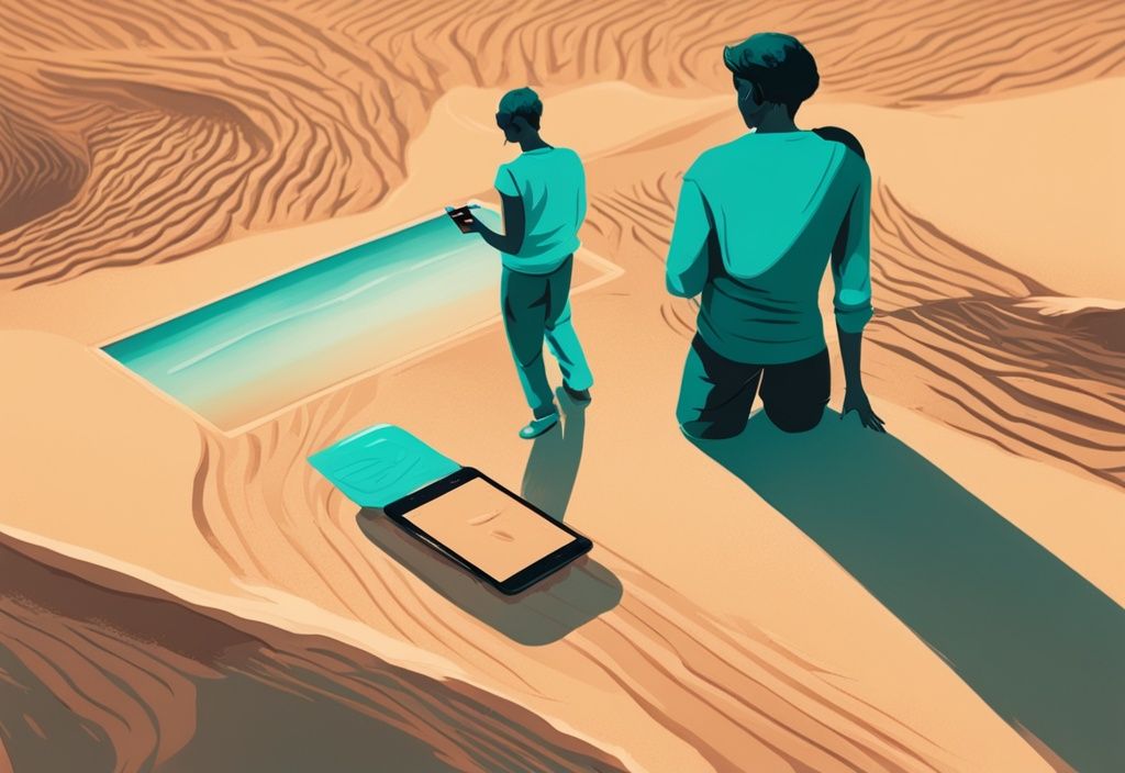 Modern digital painting of two people holding mobile devices, separated by a parched desert, symbolizing dry texting, with a teal color theme.