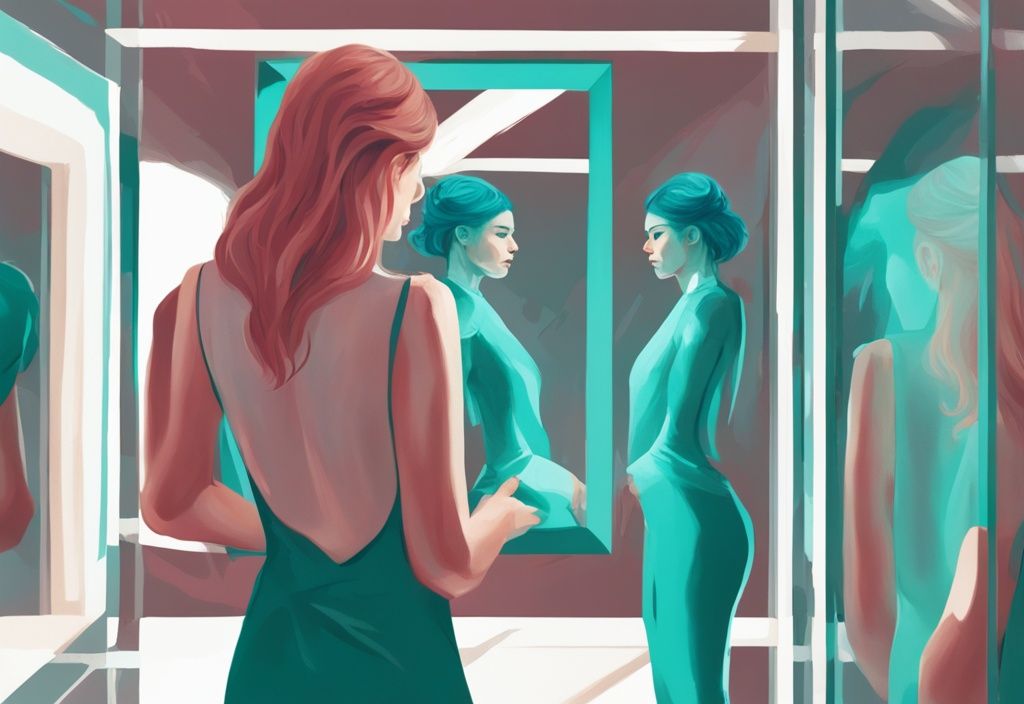 Modern digital painting of a person experiencing narcissistic mirroring, with a teal color theme and exaggerated reflection mimicking their movements and expressions.