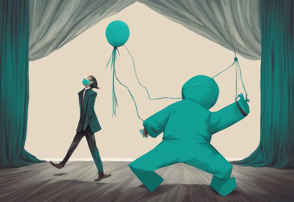 Modern digital painting of discarded puppet pulled by string, symbolizing narcissist's return, teal color theme