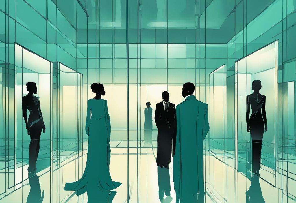 Modern digital painting of silhouettes of influential figures before mirrors with glamorized reflections, teal color theme