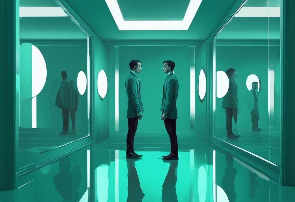 Digital painting of a person in front of a mirror reflecting a grandiose version, with a teal color theme.