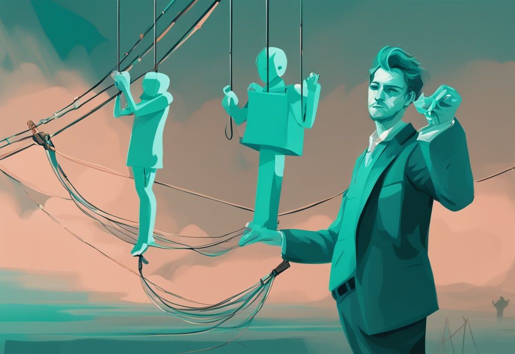 Modern digital painting in teal of a grandiose narcissist controlling a puppet on strings, exuding danger and control.