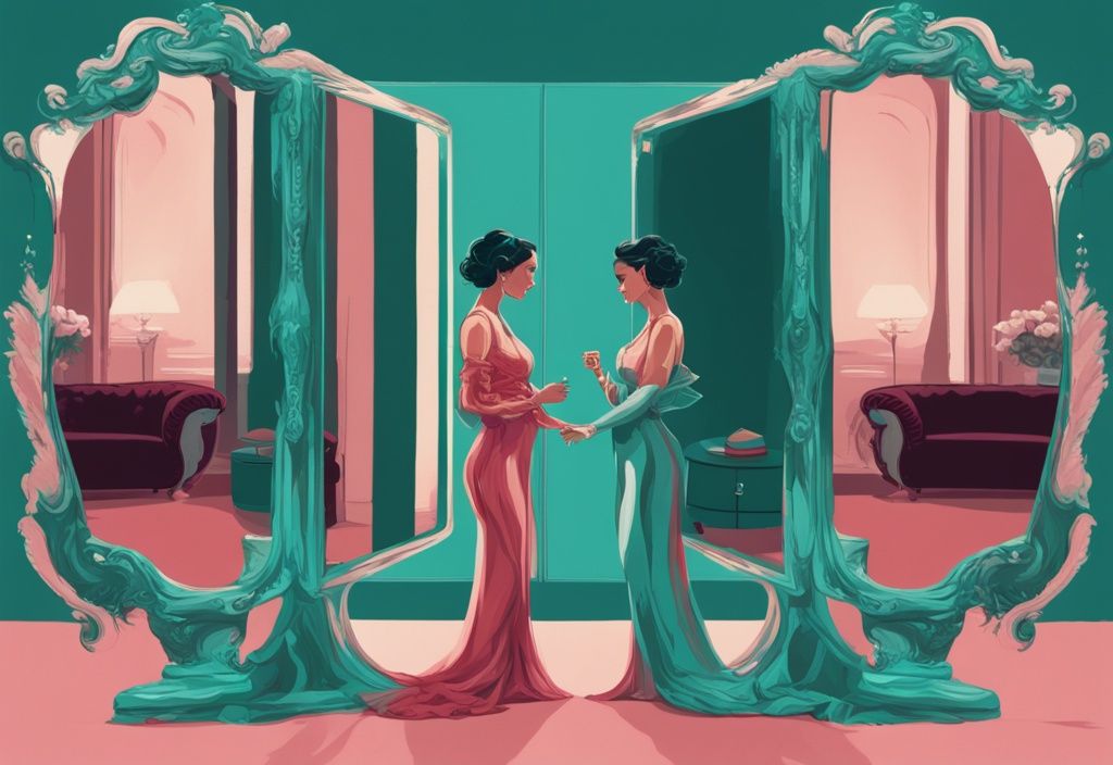 Modern digital painting illustration in teal showing a split screen: a glamorous individual looking into a mirror on one side, and the same person in a loving, faithful interaction with their partner, exploring the question "can a narcissist be faithful".