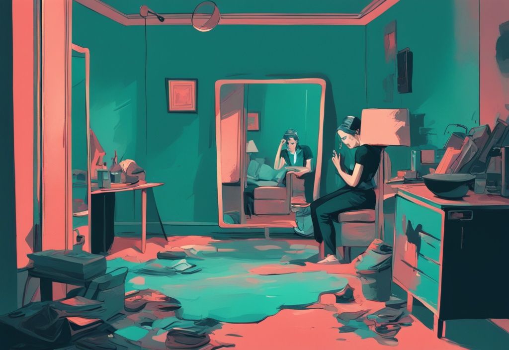 Teal-themed digital painting of person in cluttered room looking at mirror reflecting overbearing figure