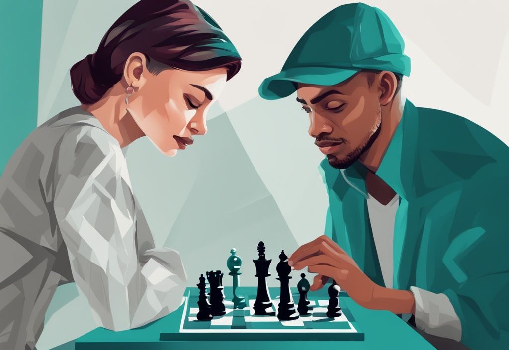 Teal-themed digital painting of two people playing chess, one smirking confidently while the other calmly makes a winning move.