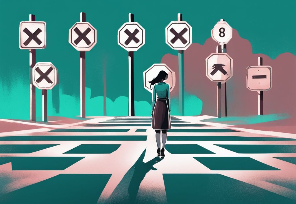 Modern digital painting of a young woman at a crossroads with 8 signs you were raised by a toxic mother, featuring teal color theme and negative symbols of toxic parenting.