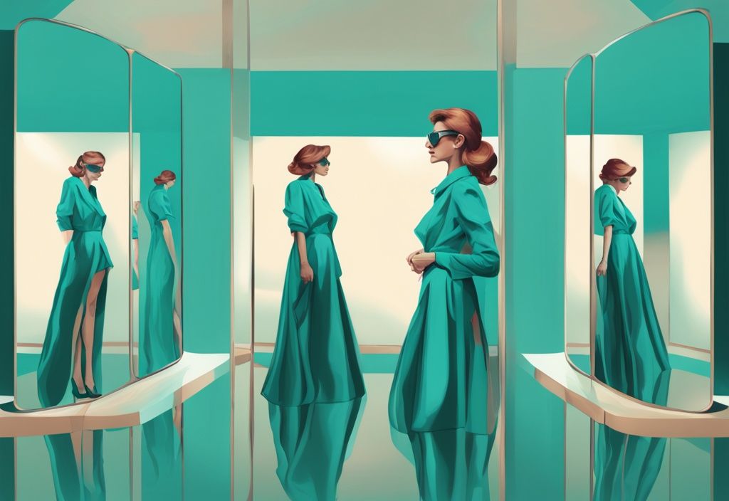 Modern digital painting of a stylish woman with 7 distorted reflections, symbolizing the 7 signs of a female narcissist, in teal color theme.