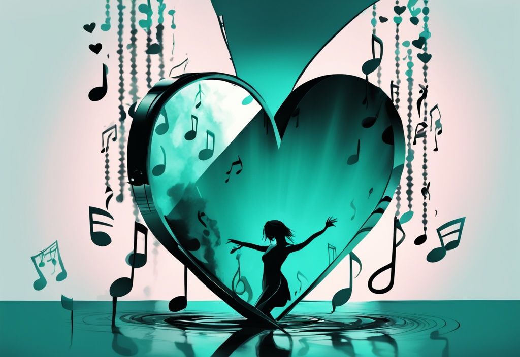 Teal-themed digital painting of a broken heart in a mirror with musical notes and dancing silhouettes