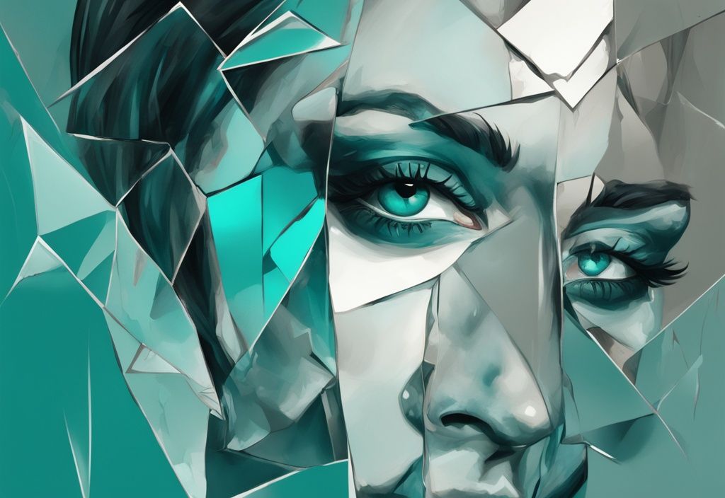 Modern digital painting of a shattered mirror with teal hues, symbolizing the fading reflection of a narcissistic personality.