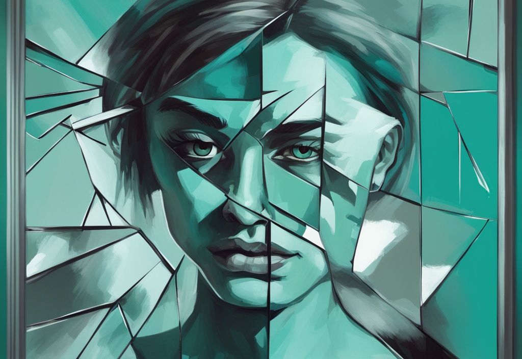 Modern digital painting of a broken mirror reflecting a distorted narcissistic person with shattered words "empathy", "acceptance", and "selflessness" in teal color theme.