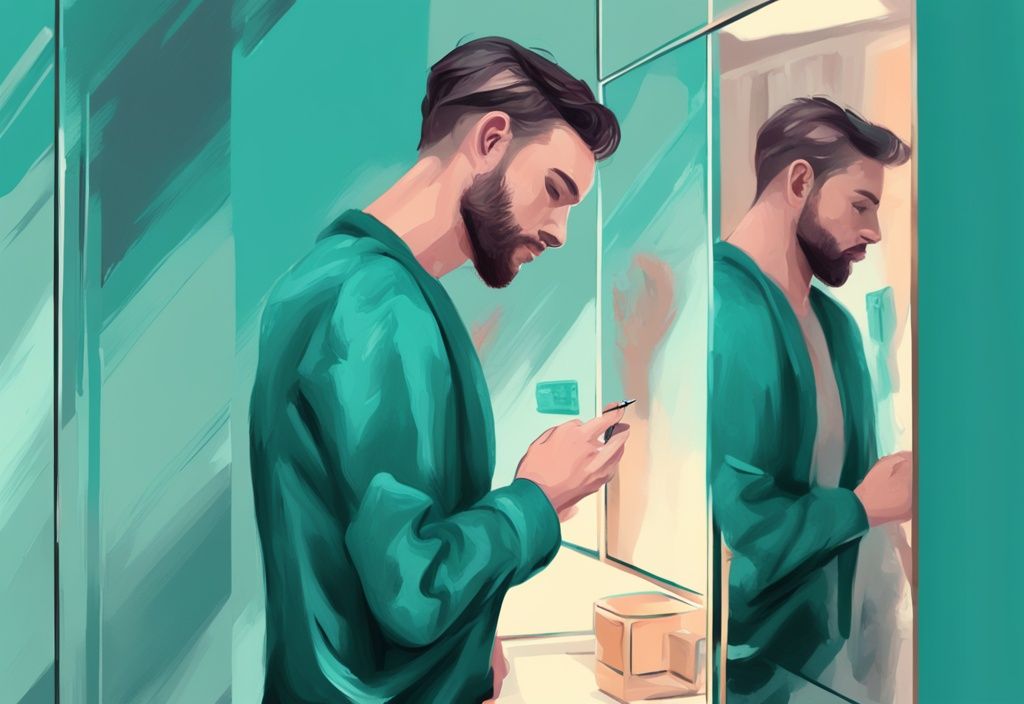 Modern digital painting of a man happily looking at himself in a mirror, unaware of the 'Narcissist' label, exploring the question: does a narcissist know they are a narcissist?