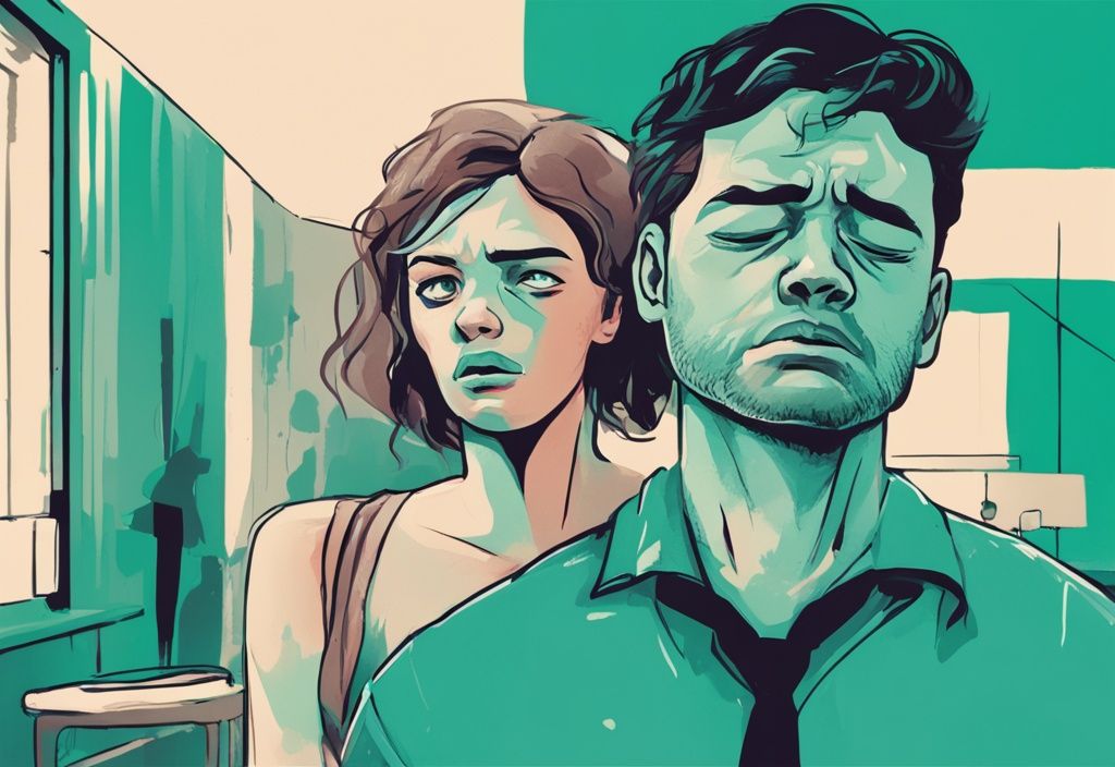 Frustrated man exhausted by effects of being married to a narcissist wife, woman displaying exaggerated self-importance, modern digital painting in teal.