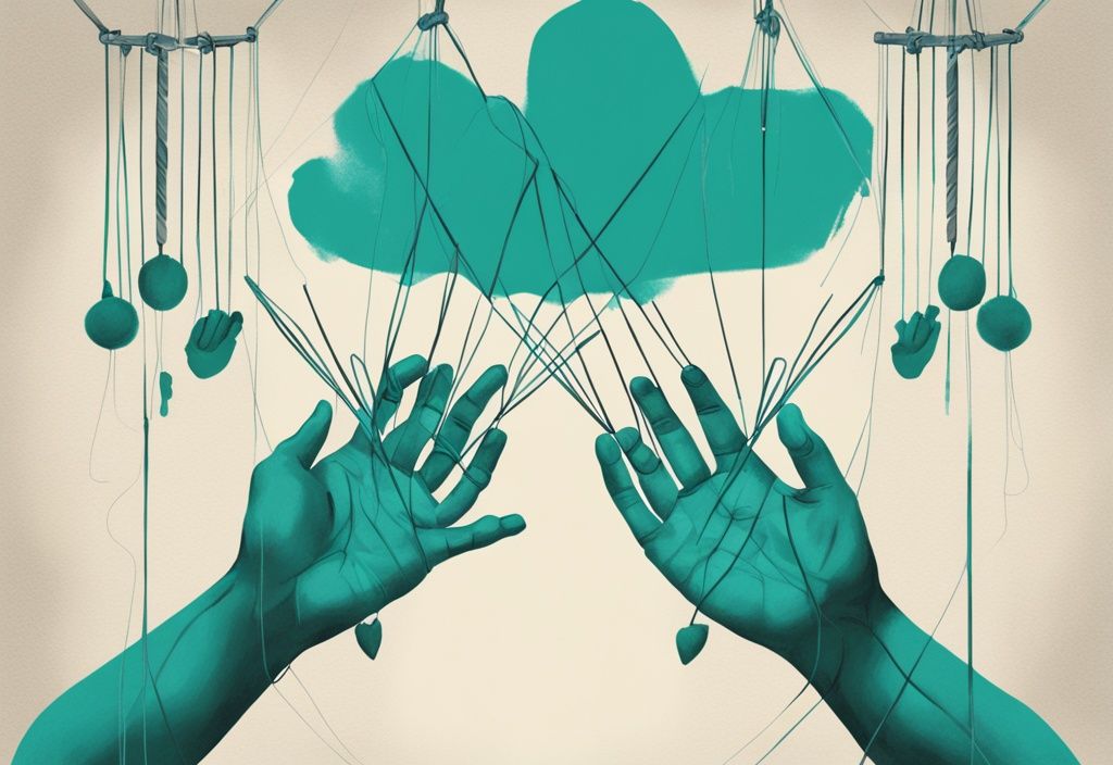 Modern digital painting with teal theme showing hands controlling a marionette, symbolizing imbalance and toxicity in a relationship, relevant to the query "am I toxic in my relationship".