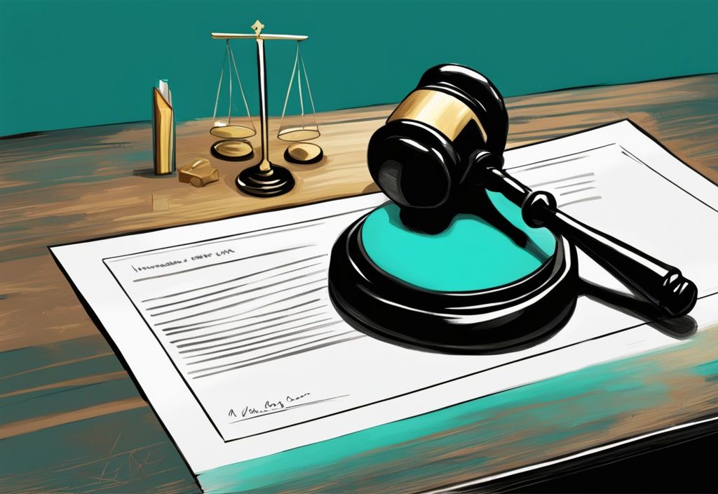 Modern digital painting of a gavel striking a court document labeled "narcissism" in teal tones, symbolizing a successful court case outcome.