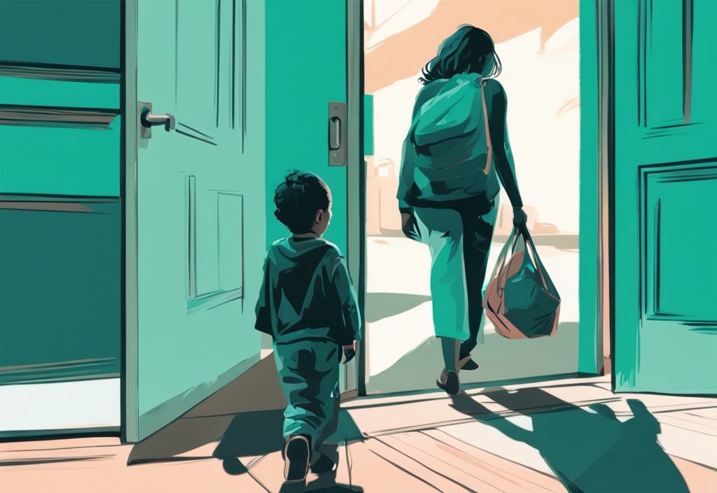 Modern digital painting of a woman packing a bag with a child beside her, frustrated man silhouette in background through open door, teal color theme