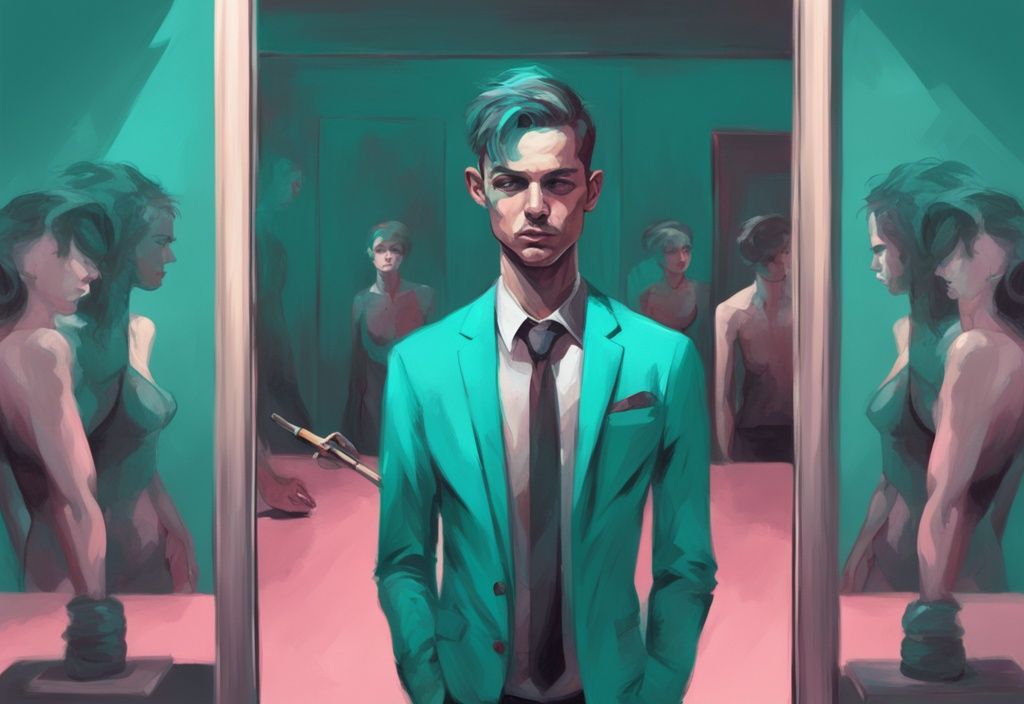 Modern digital painting of an arrogant figure discarding a mirror, symbolizing narcissist discard, teal color theme