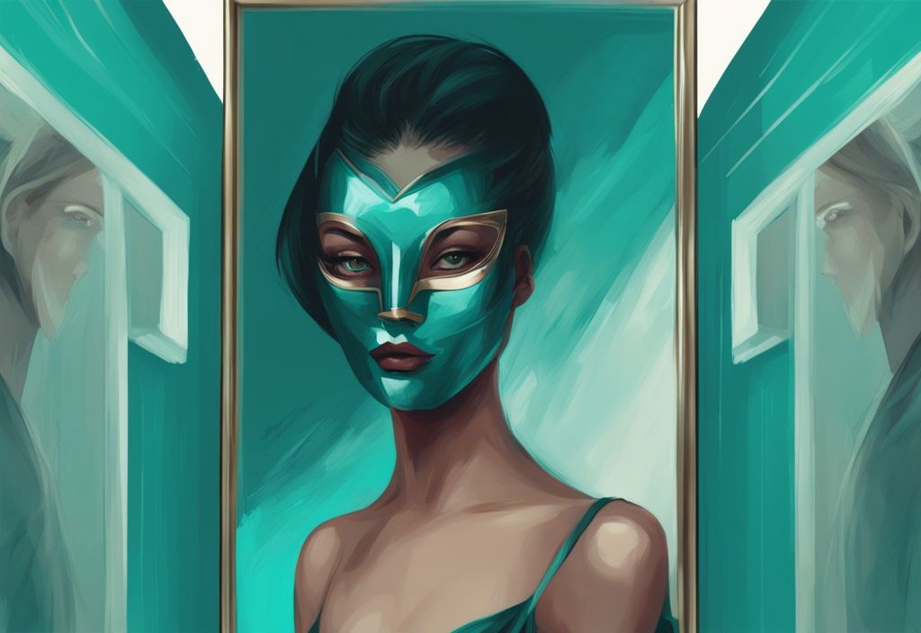 Teal-themed digital painting of a masked person nervously glancing over their shoulder, holding a mirror reflecting their hidden face