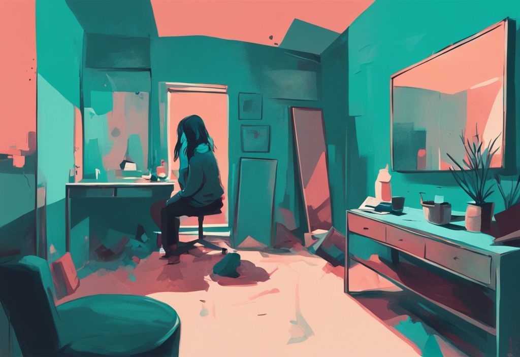 Teal-themed digital painting of a person in a cluttered room, staring at a mirror reflecting an overbearing figure behind them.