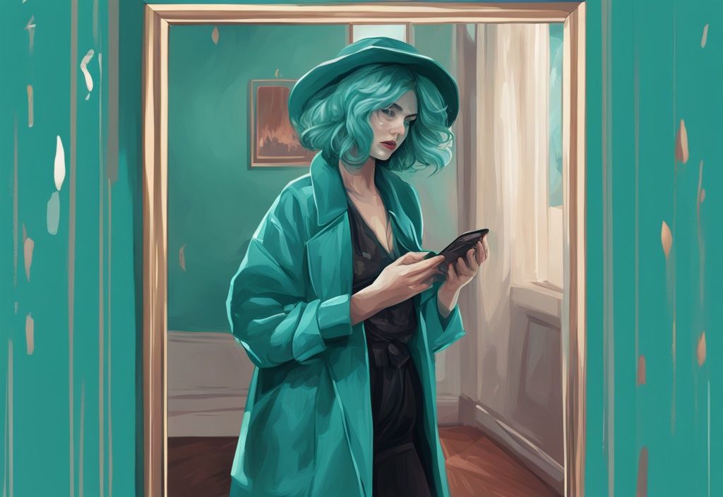 Digital painting of a person in dramatic clothing feigning tears, holding a mirror, teal color theme