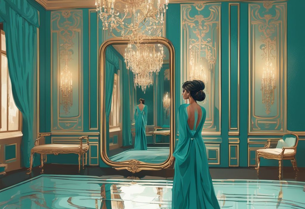 Teal-themed digital painting of a person admiring their reflection in a grand mirror in a lavish room, illustrating grandiose narcissism.