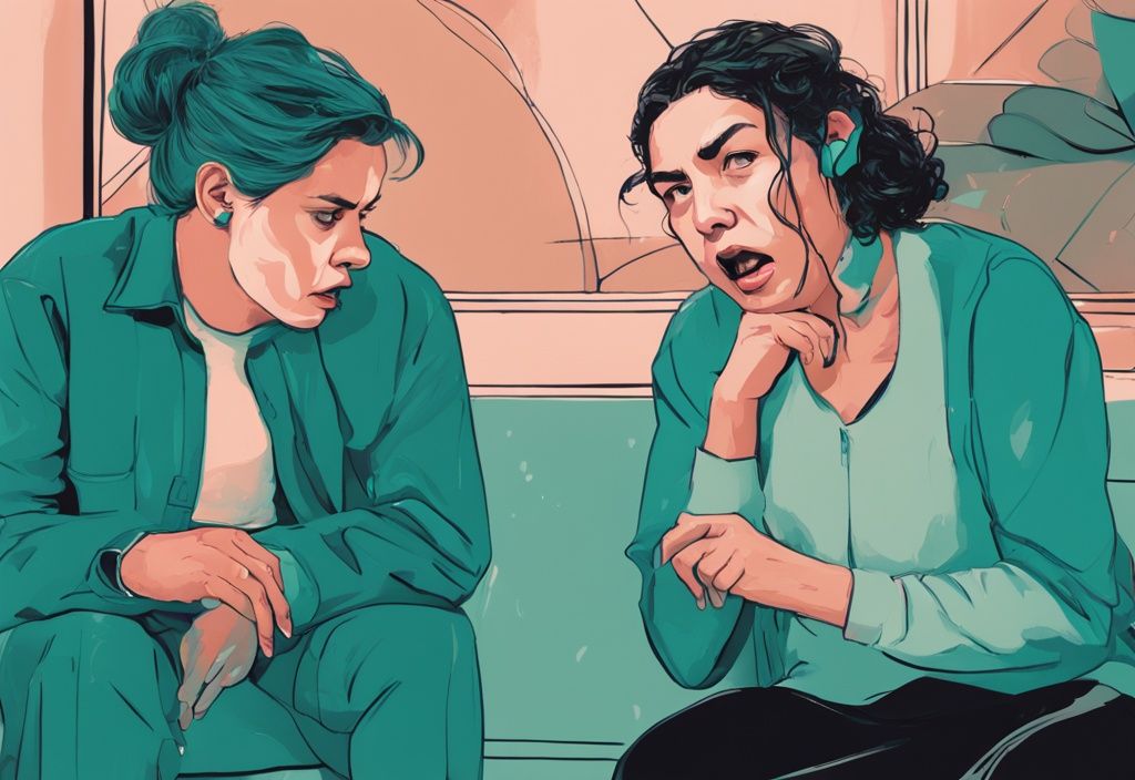 Modern digital painting of two people arguing, one dominating the conversation, the other upset and withdrawn, teal color theme.