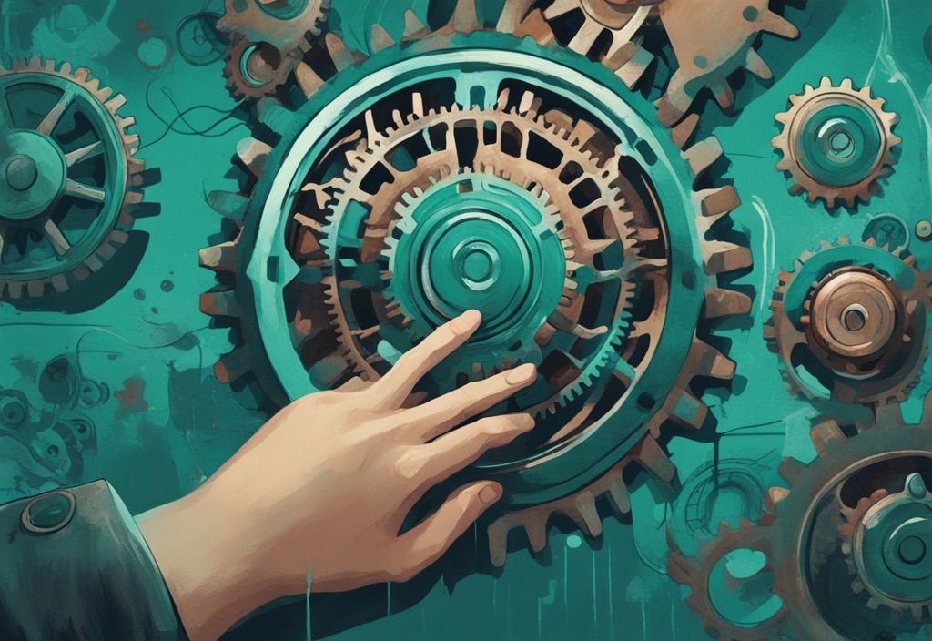 Hand pushing "Triggers" button, activating colorful gears and cogs, modern teal-themed digital painting illustration