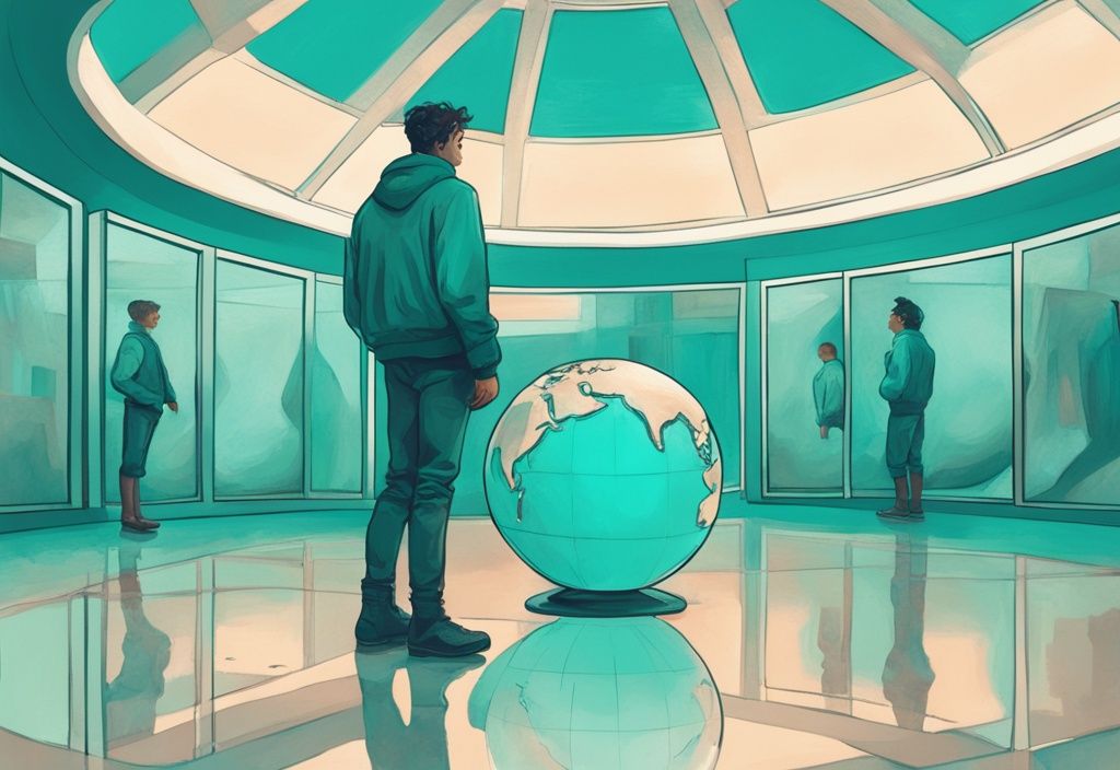 Modern digital painting of a person on a globe, gazing at their reflection in a mirror, illustrating the difference between narcissist and selfish, with a teal color theme.