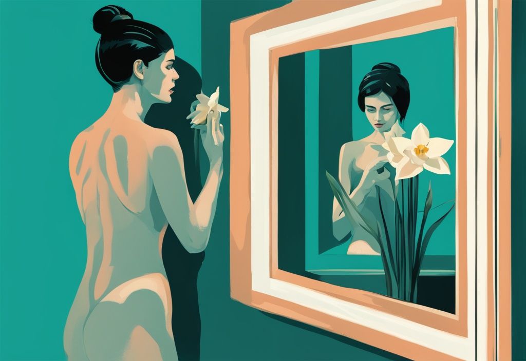 Modern digital painting of a woman questioning herself in a mirror with a male figure casting a narcissus flower shadow, teal color theme