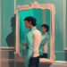 Modern digital painting of a person mirroring a narcissist's confident body language in a teal-themed scene, manipulate a narcissist.