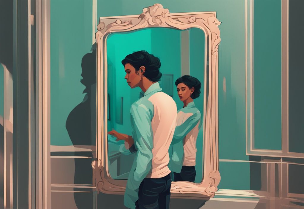 Modern digital painting of a person mirroring a narcissist's confident body language in a teal-themed scene, manipulate a narcissist.