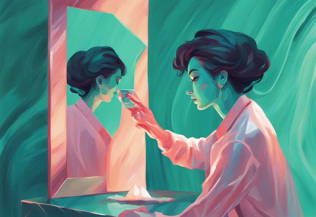 Modern digital painting of a narcissistic figure admiring reflection in polished jade stone, teal color theme