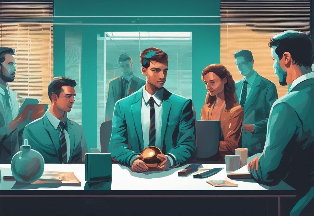 Teal-themed digital painting of an office scene with an employee admiring their reflection in a trophy, ignoring group work in the background.