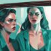 Modern digital painting with teal theme showing narcissist devalue examples: narcissist in mirror ignoring upset person behind them.