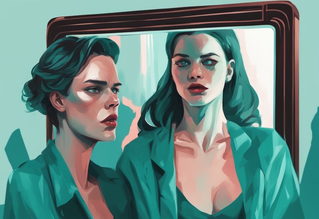 Modern digital painting with teal theme showing narcissist devalue examples: narcissist in mirror ignoring upset person behind them.