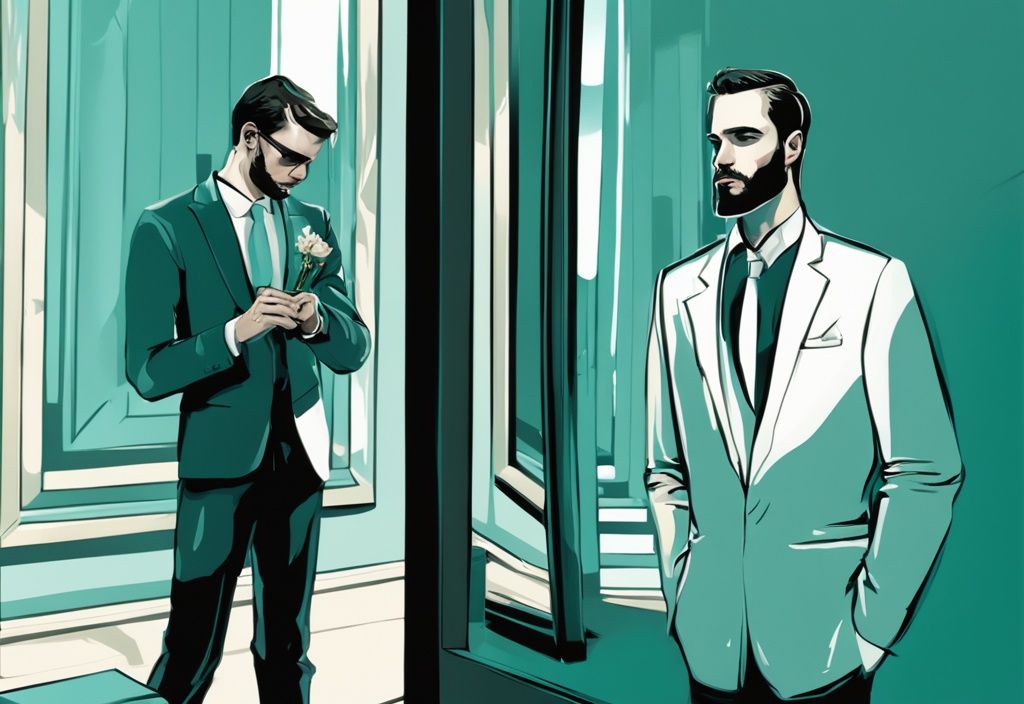 Modern digital painting with teal theme showing a mirror reflecting intertwined wedding rings and a man with a smirk in the shadows, illustrating why a narcissist won't divorce you.