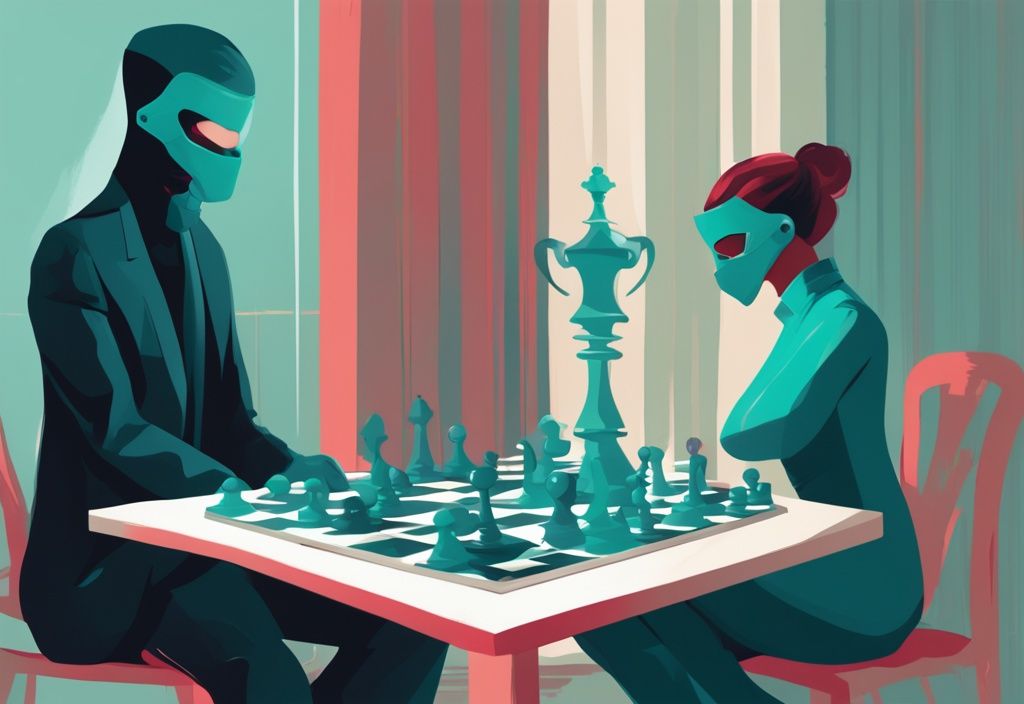 Modern digital painting of a masked figure secretly moving chess pieces, symbolizing covert narcissist cheating patterns, with a teal color theme.