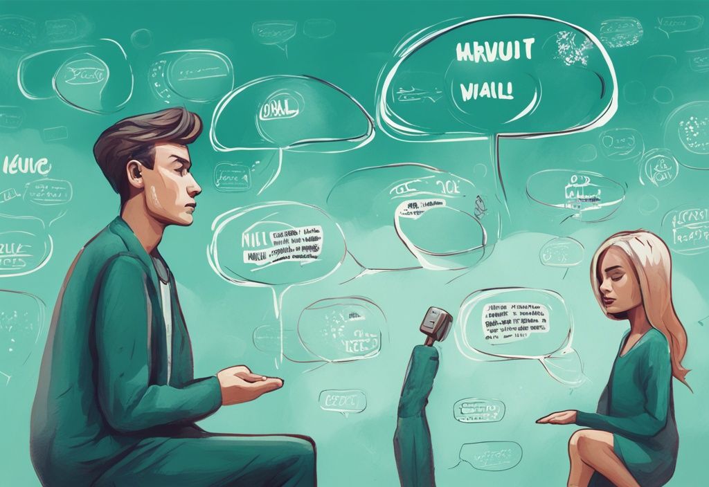 Modern digital painting illustration with teal theme, speech bubbles displaying 50 phrases to disarm a narcissist, symbolic figure of narcissist shrinking with each phrase.