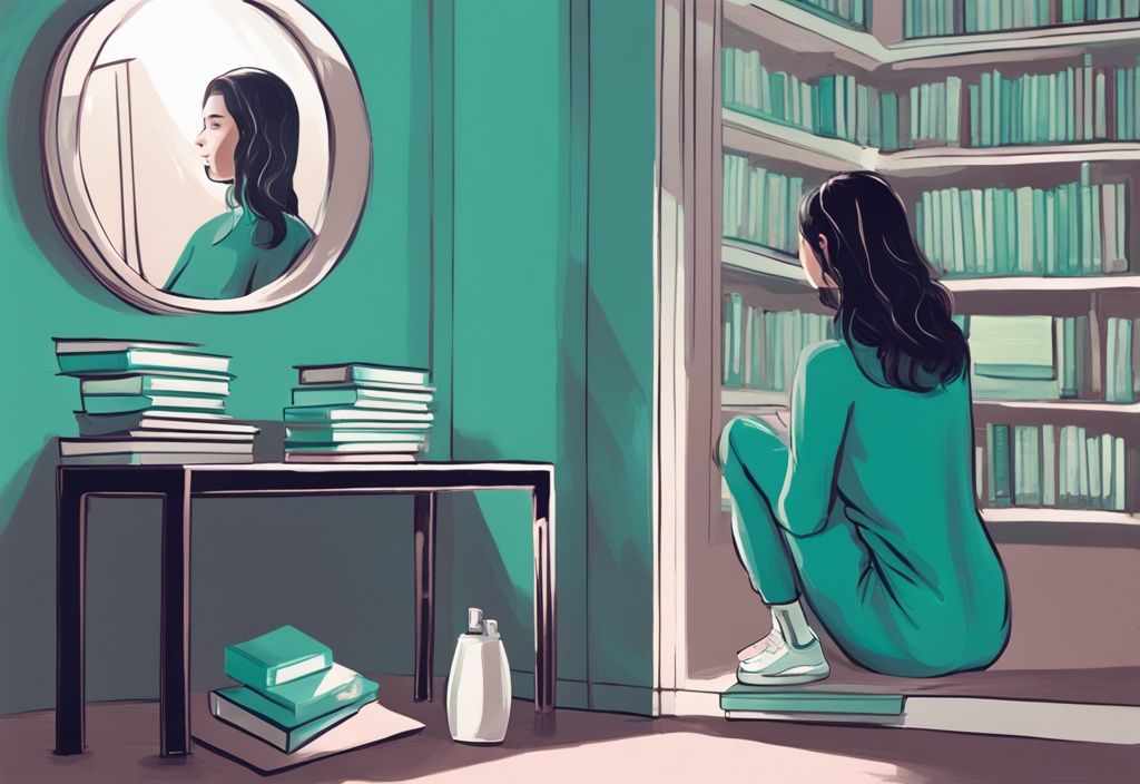 Modern digital painting of a confident person admiring their reflection in a mirror with teal color theme, self-help and psychology books on table hinting at narcissism