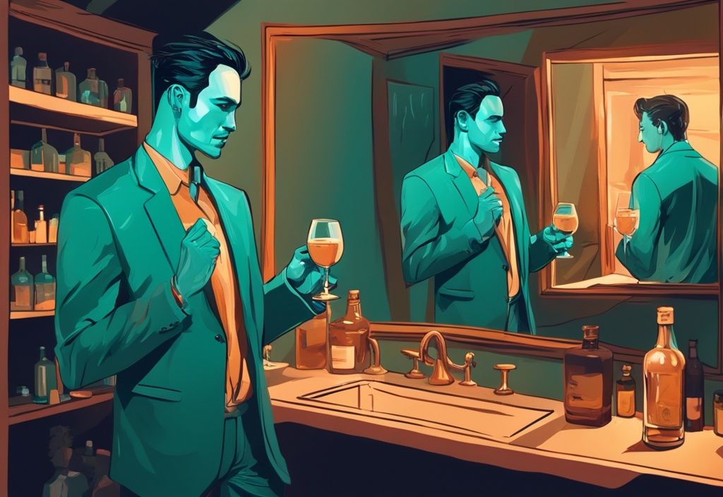 Modern digital painting of an alcoholic narcissist holding whiskey glass, reflected in mirror with chaotic dimly lit room in background.