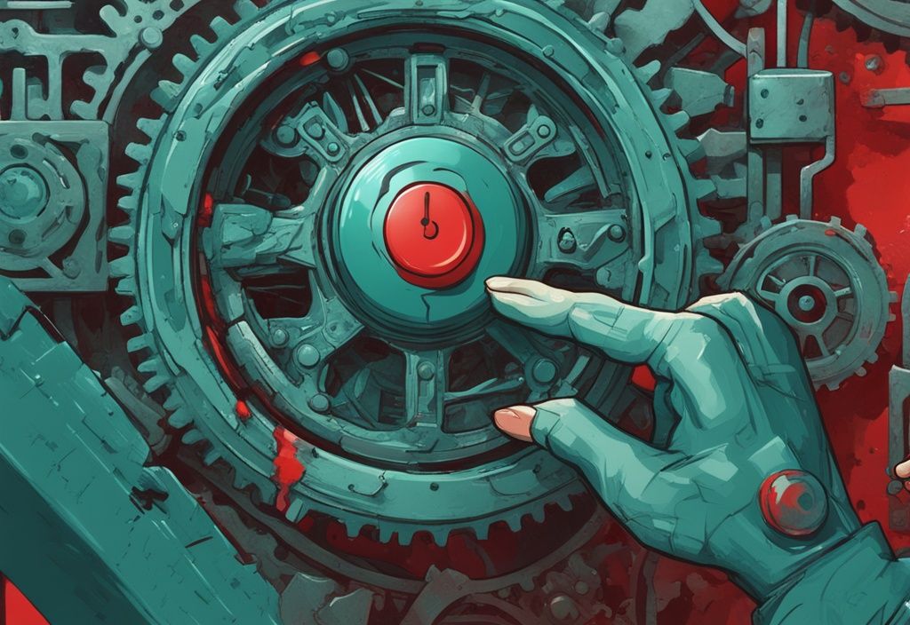 Modern digital painting of a finger hovering over a red "Trigger" button, set against a background of intricate gears and levers, illustrating triggers after narcissistic abuse.