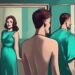 Modern digital painting of a woman peering suspiciously at her smiling husband, reflected as a smug figure in a mirror; keyword: is my husband a covert narcissist.