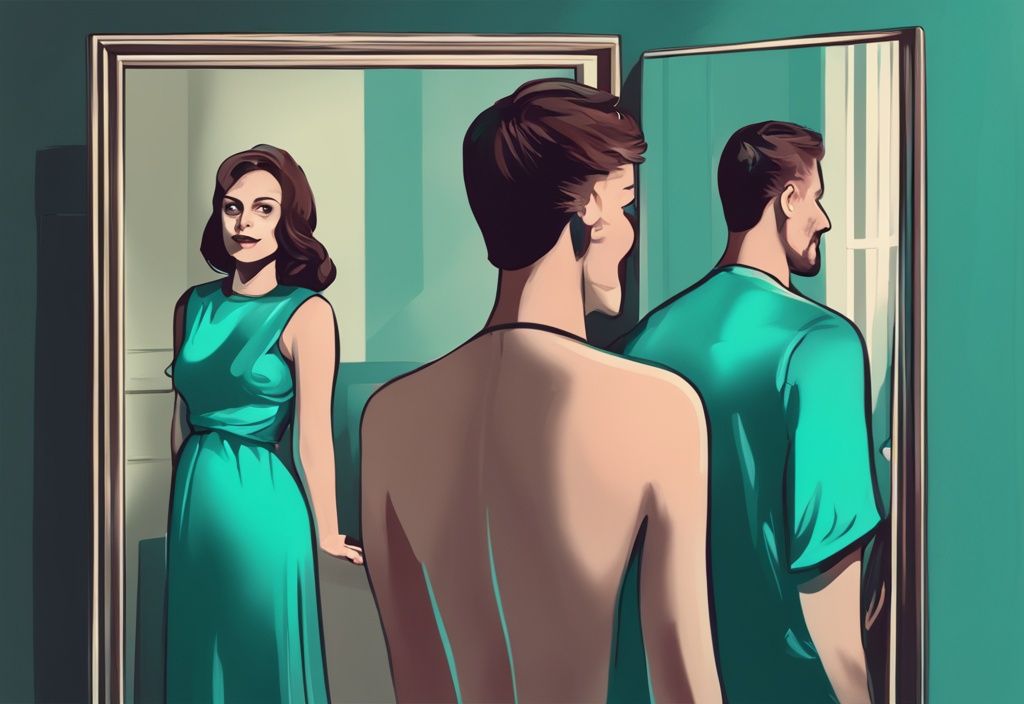 Modern digital painting of a woman peering suspiciously at her smiling husband, reflected as a smug figure in a mirror; keyword: is my husband a covert narcissist.