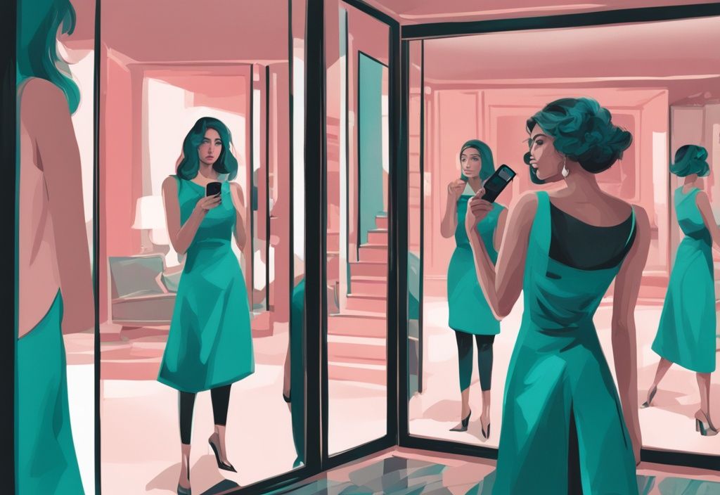 Modern digital painting of a narcissistic mother-in-law, lavishly dressed, using a selfie stick to look at herself in a mirror, with a troubled couple in the background, teal color theme.